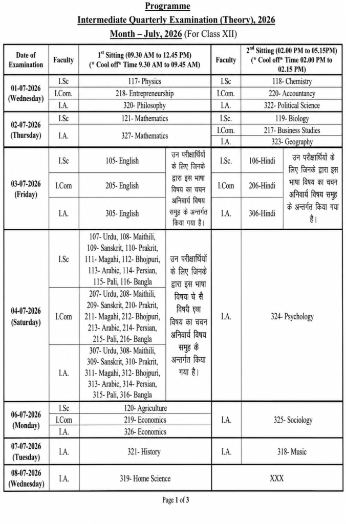 Bihar Board Quarterly Exam 2026 Time Table