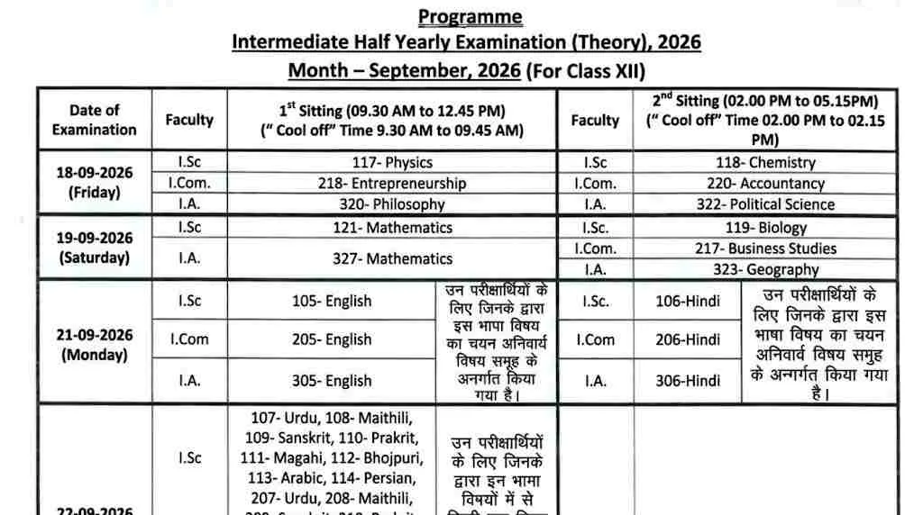 Bihar Board Half Yearly Exam Dates 2026 Out